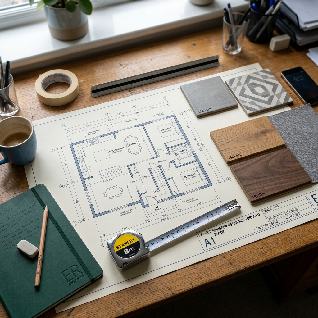 Architectural floor plan and material samples on a desk